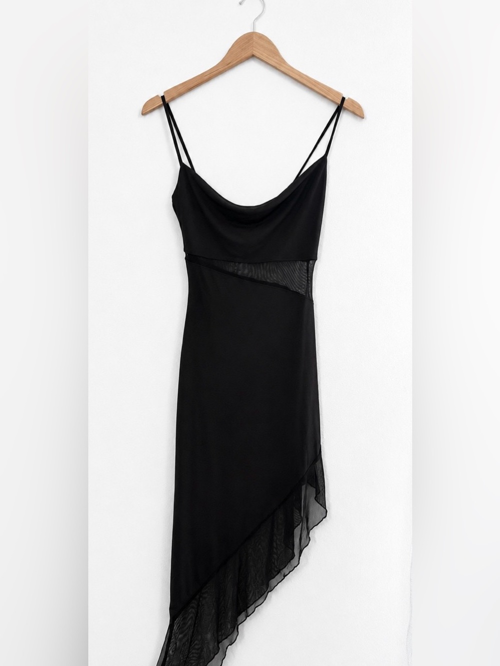 Black Asymmetrical Mesh Cutout Midi Dress Size S NWT